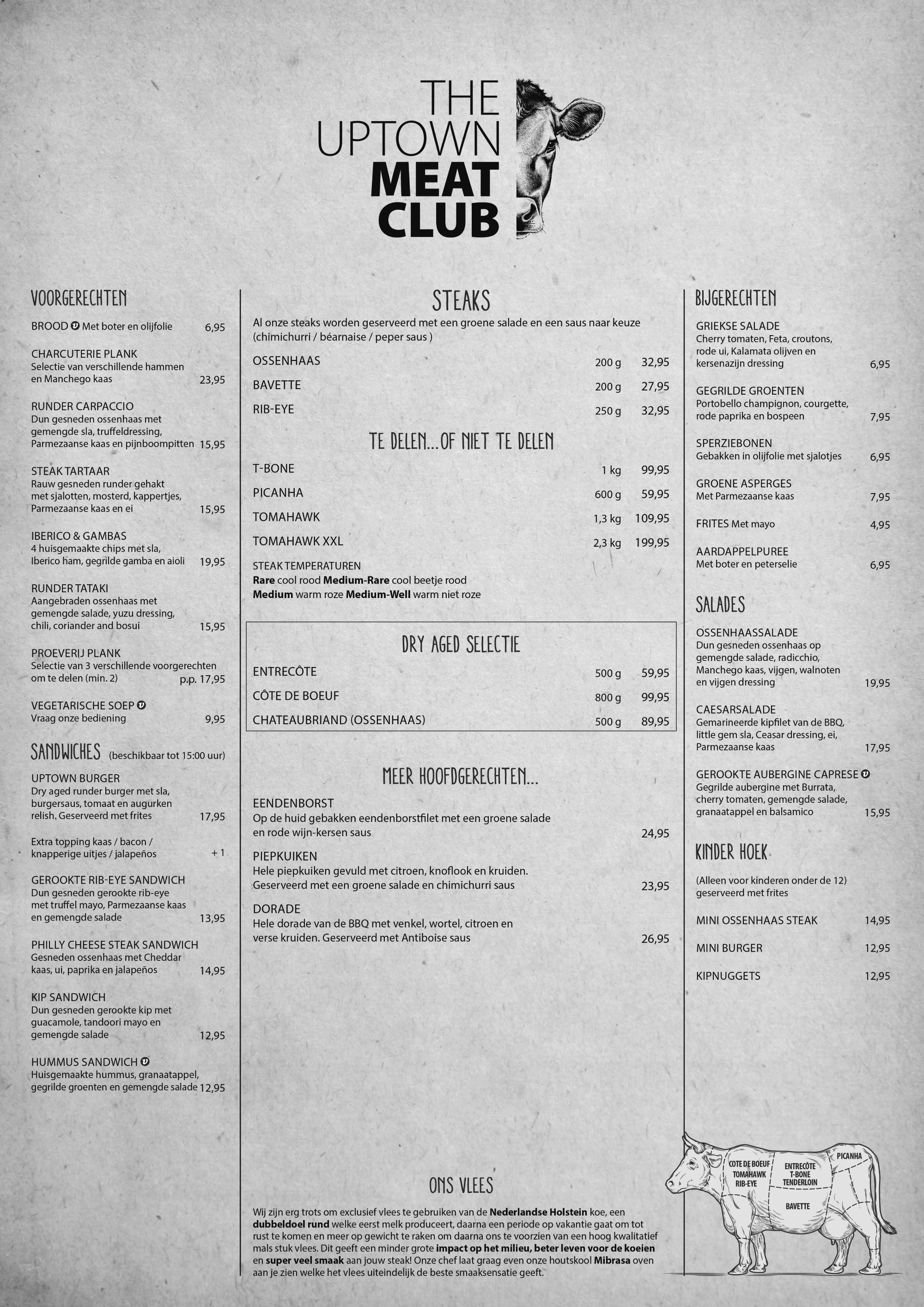 Menu vlees restaurant The Uptown Meat Club Amsterdam